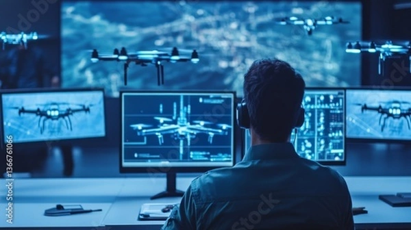 Fototapeta A defense technology engineer developing AI assisted drone swarms, high-tech military research facility with real-time battlefield simulations and autonomous UAV formations, High-tech style