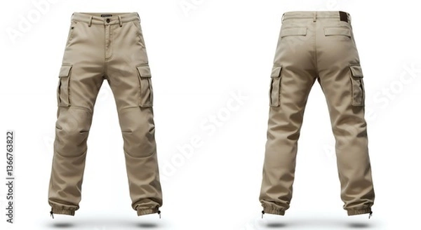 Fototapeta Khaki Cargo Pants Front and Back View Isolated on White Background