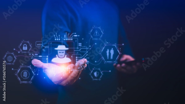 Fototapeta Person holding a smartphone with a glowing detective icon and cybersecurity symbols, Concept of online privacy, security cyber threats, data breaches, hacking and technology digital security risks.