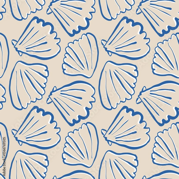 Fototapeta Hand drawn sea shells scallops blue seamless pattern in doodle sketchy style on sandy beige background. Line art sea shell vector background