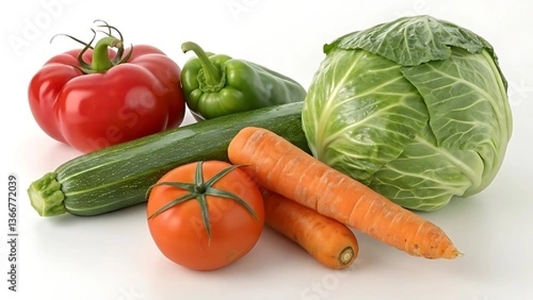 Fototapeta Fresh vegetables and fruits on a white background.