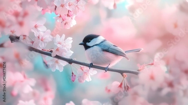 Fototapeta A Serene Springtime Scene: A Tiny Bird Perched on a Delicate Branch Amidst a Shower of Pink Cherry Blossoms