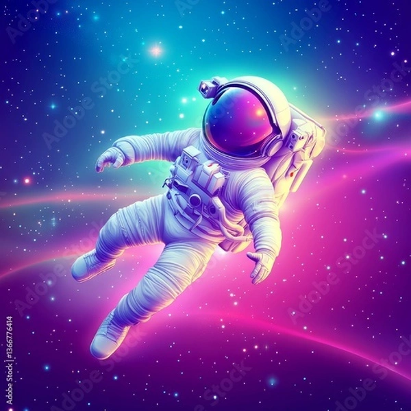 Obraz Futuristic astronaut floating in vibrant space with glowing stars, colorful cosmic background, retro sci-fi style, galaxy exploration concept, dreamy digital art illustration
