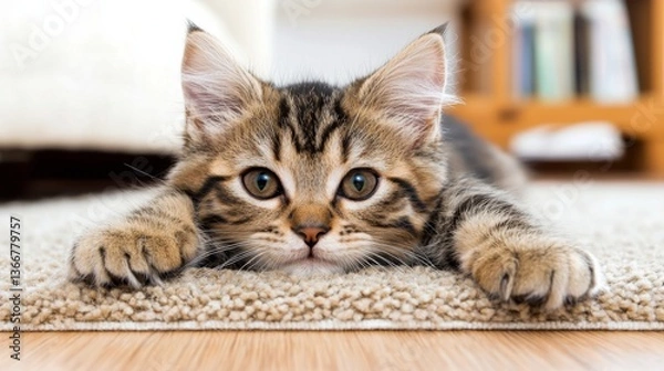Fototapeta Playful tabby kitten stretching on a soft carpet indoors