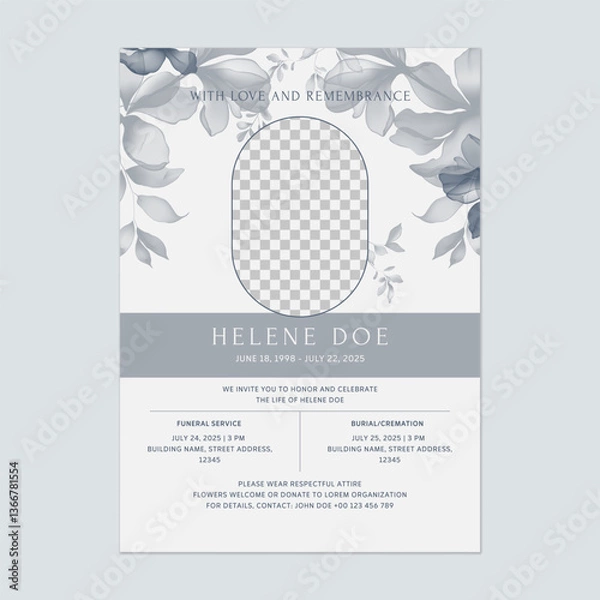 Obraz Floral funeral service invitation template features a translucent floral design and an oval placeholder for a photo on a soft gray background. The overall tone is somber and respectful