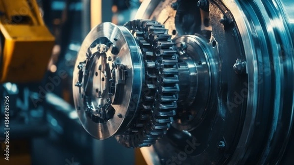 Fototapeta A robotic arm in a heavy duty industrial plant, assembling metal components with AI precision for construction machinery, Industrial-tech style