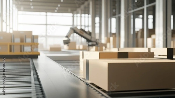 Fototapeta A robotic arm in a high speed packaging facility, assembling packaging systems for e-commerce with AI precision, E-commerce-tech style