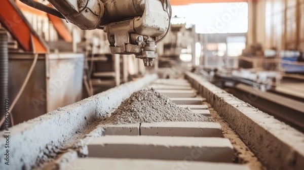 Fototapeta A robotic arm in a highly automated cement factory, assembling cement block production lines with AI precision for construction efficiency, Construction-tech style