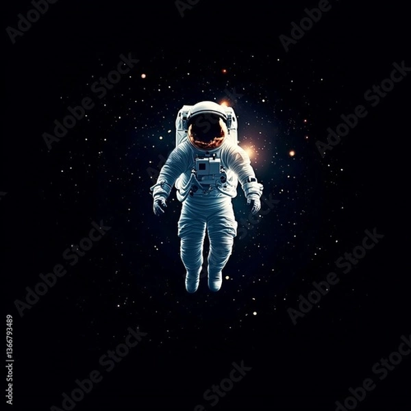 Fototapeta Astronaut floating alone in deep space surrounded by stars and darkness, realistic sci-fi concept, solitude in cosmos, minimal background, dramatic lighting and detailed space suit design
