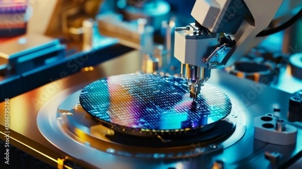 Fototapeta A robotic arm in a semiconductor factory, assembling wafer testing equipment with AI precision for high-performance chip manufacturing, Semiconductor-tech style