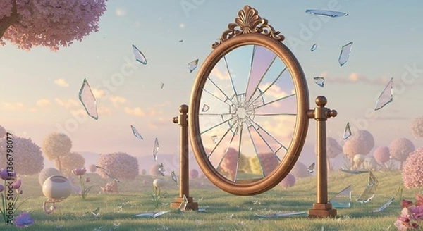 Obraz Broken Mirror Shattering in Whimsical Landscape with Pink Flowers and Sky