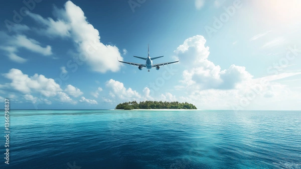 Obraz 夏のリゾート旅行をイメージした飛行機と島・海・青空と雲が写った写真素材