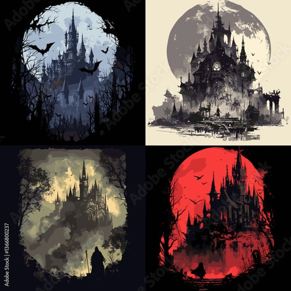 Fototapeta Dark haunted castle illustrations with dramatic moons and eerie forests. Ideal for gothic horror themes, Halloween art, dark fantasy, or spooky storytelling visuals.

