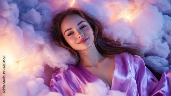 Fototapeta A beautiful woman with long hair, wearing a purple silk robe, is laying on a gigantic fluffy cloud, smiling with her eyes open, looking at the camera. This is a close-up portrait photograph 