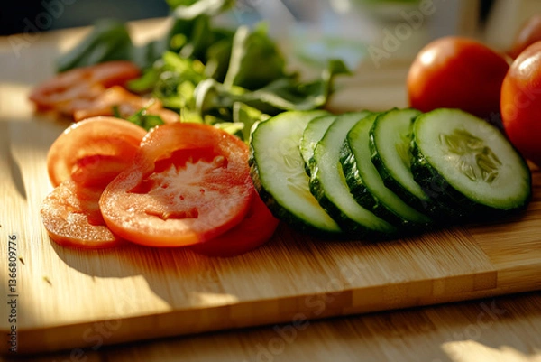 Obraz Freshly sliced tomatoes and cucumbers with greens on a wooden cutting board in natural light