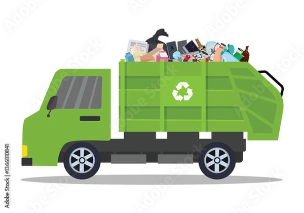 Obraz Garbage truck loaded with trash waste going to landfill