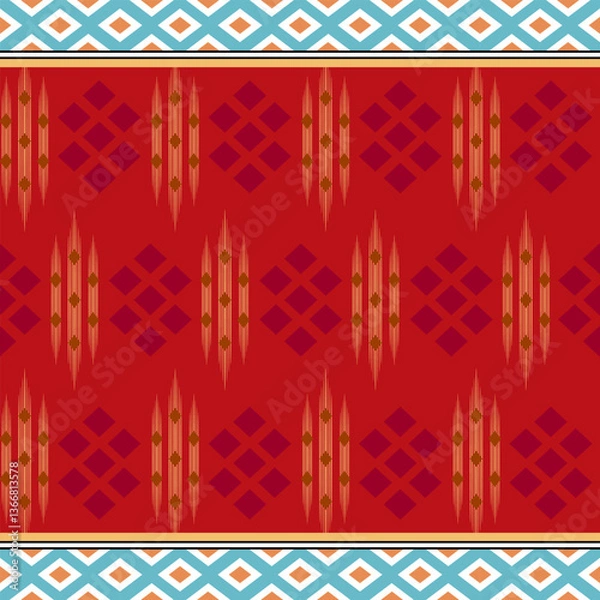 Fototapeta Red Tribal-Inspired Fabric Pattern with Vertical Stripes and Diamond Motifs