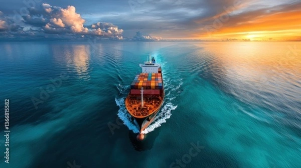 Fototapeta Cargo Container Ship Sailing Across the Tranquil Ocean at Sunset Vibrant Colorful Sky Reflecting in the Calm Waters