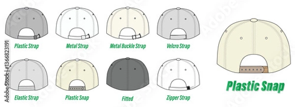 Fototapeta Set of Types of Cap Back Closures illustration, isolated 