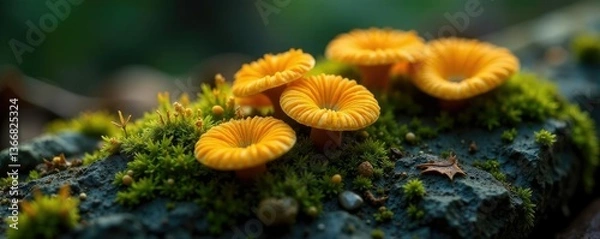 Fototapeta Fungal mycelium on rocky surface with moss and lichen, forest floor, moss,