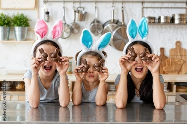 Obraz Three cheerful children wearing colorful bunny ears playfully hold up chocolate bunnies in a vibrant kitchen. The atmosphere exudes excitement and creativity during the Easter festivities.