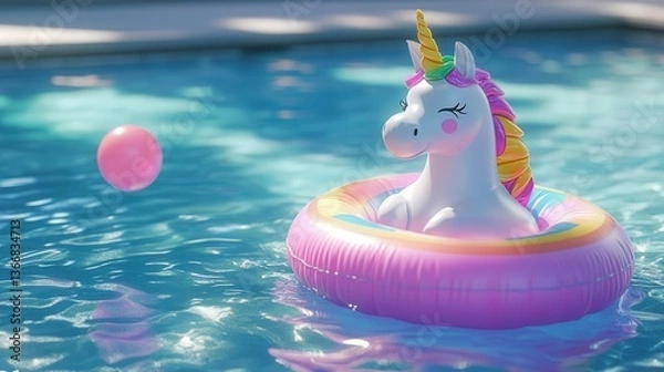 Obraz fun pool scene featuring a unicorn inflatable float, with a colorful ball bouncing gently on the water, creating a lively atmosphere.