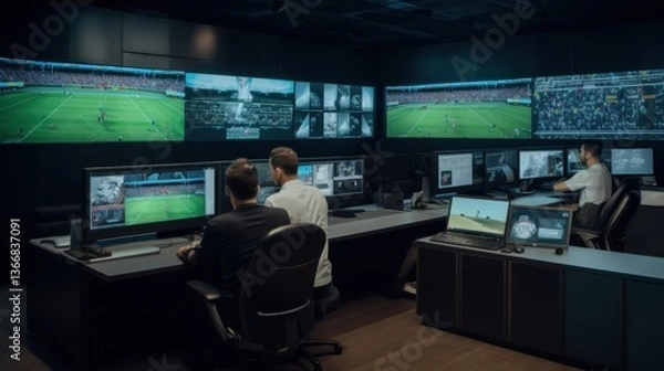 Fototapeta People Monitoring Soccer Game in Surveillance Room with Multiple Screens