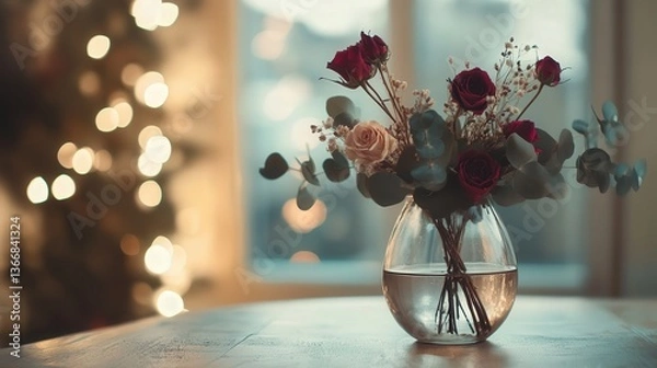 Obraz glass vase filled with dried roses and eucalyptus, set on a light wooden table with soft, ambient lighting creating a cozy vibe