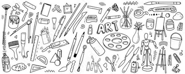 Fototapeta Set of artist supplies. Art and craft accessories such as brushes, knife, color, easel, palette. Vector illustration isolated on white background. Doodle hand drawn painting objects collection.