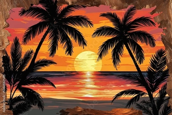 Fototapeta Tropical Sunset Vector Artwork with Bronze Texture and Hand-Drawn Palm Leaves for Beach Decor and Invitations