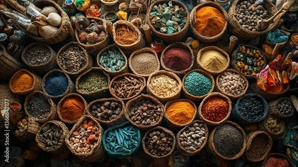 Fototapeta Exotic Spices and Herbs Displayed in Woven Baskets at a Vibrant Marketplace