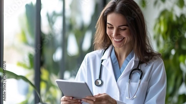 Fototapeta Smiling 30 years old female doctor oncologist read good labs results received by email on pad. Happy young woman medic enjoy easy access to online documents electronic patient records in medical app