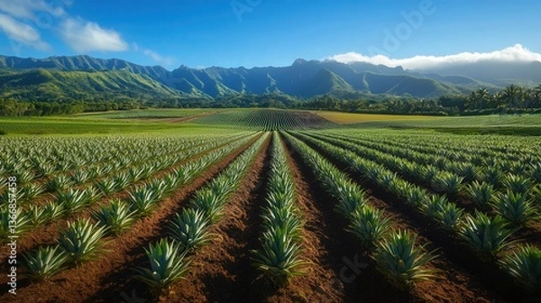 Fototapeta vast pineapple garden, the rows of fruit perfectly aligned, surrounded by rich greenery under a clear blue sky