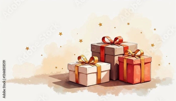 Fototapeta Eid gifts with ribbons and stars on light background