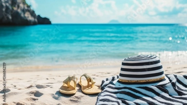Fototapeta Black and white striped sun hat, blue towel with flip-flops on the sand at a beach background.