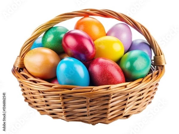 Fototapeta Colorful easter eggs in wicker basket isolated on transparent background Generative Ai. 

