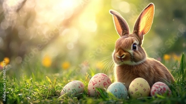 Fototapeta Easter celebration, Easter bunny with eggs on blurry spring background.