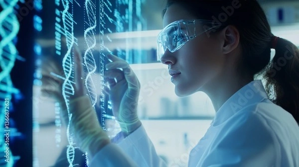 Fototapeta A geneticist researching AI assisted genome sequencing in a biotech facility, high-tech genetic engineering lab with DNA strand visualizations, Scientific style