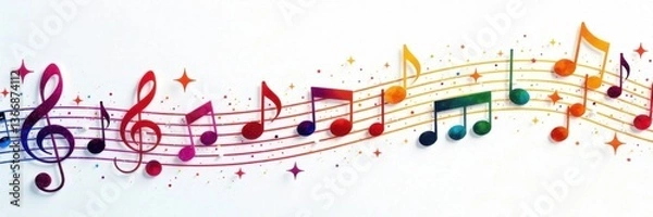 Fototapeta Colorful staff music notes on a white background, vector, staff, colorful