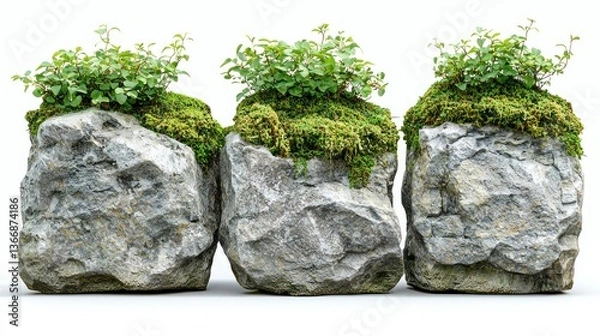 Fototapeta Three Mossy Rocks with Greenery: A Tranquil Nature Scene
