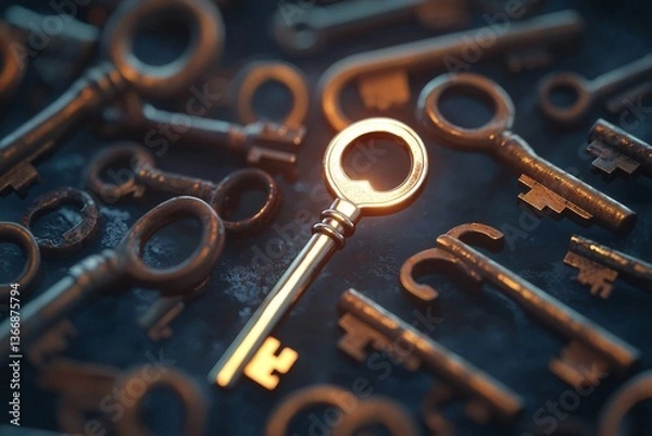Fototapeta Golden key among rusty vintage keys symbolizing uniqueness, success, leadership, opportunity, standout potential, value, and personal growth in a conceptual metaphor on contrast and choice
