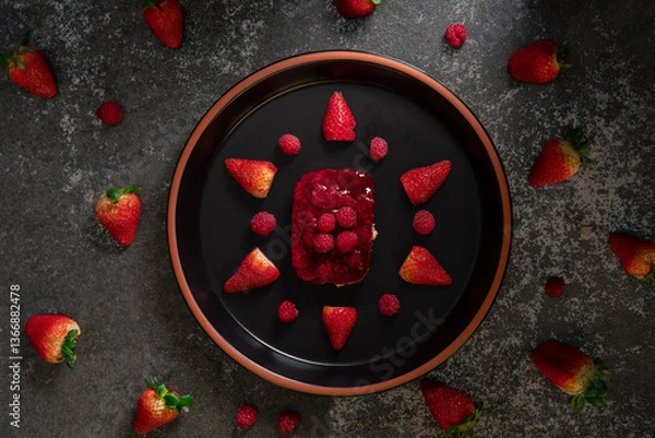Fototapeta Top view of strawberry and raspberry dessert on a round black ceramic plate surrounded by strawberries