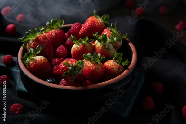 Fototapeta Close up of a black ceramic tray filled with red berries, strawberries, raspberries, and blueberries on a black table with raspberries
