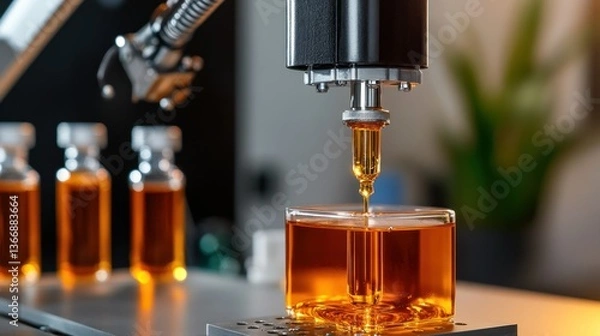 Fototapeta Precision Dropping of Oil from a Syringe into a Glass Container on a Lab Table