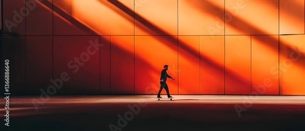 Fototapeta Minimalist silhouette of a person walking through a striking urban landscape with bold geometric patterns and dramatic lighting