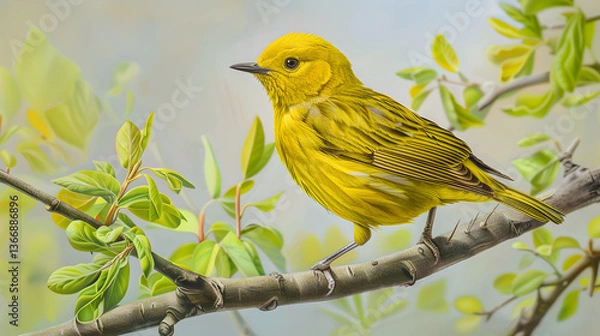 Fototapeta Charming Illustration of a Vibrant Yellow Bird Resting on a Leafy Branch with Lively Eyes and Detailed Plumage