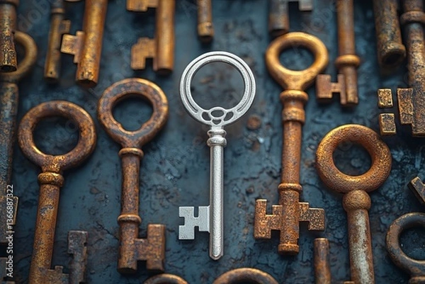 Fototapeta Silver key among rusty vintage antique keys symbolizing uniqueness, success, leadership, opportunity, standout potential, value, and personal growth in a conceptual metaphor on contrast and choice
