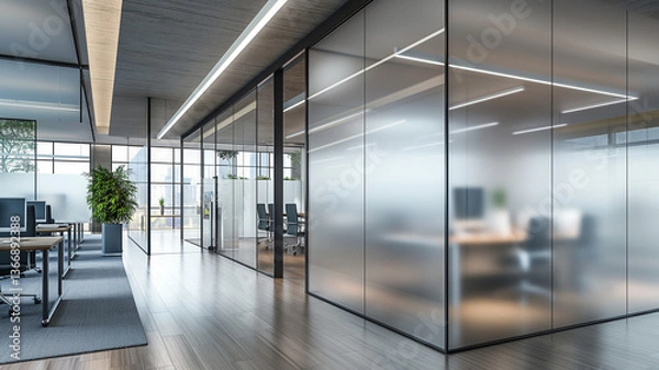 Obraz A contemporary office space featuring frosted glass walls and partitioned meeting rooms, offering a sleek and professional atmosphere.