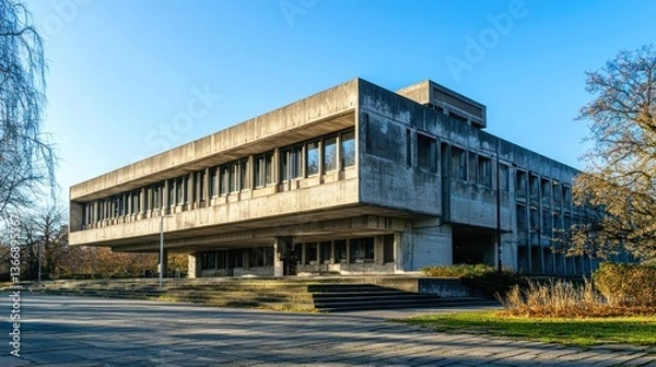 Fototapeta Raw concrete brutalist building with strong shadows.