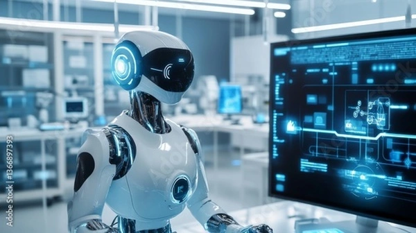 Fototapeta AI specialist creating virtual personal assistants for home automation in a tech lab, cutting-edge lab with AI systems controlling home appliances and devices for intelligent living, Scientific style